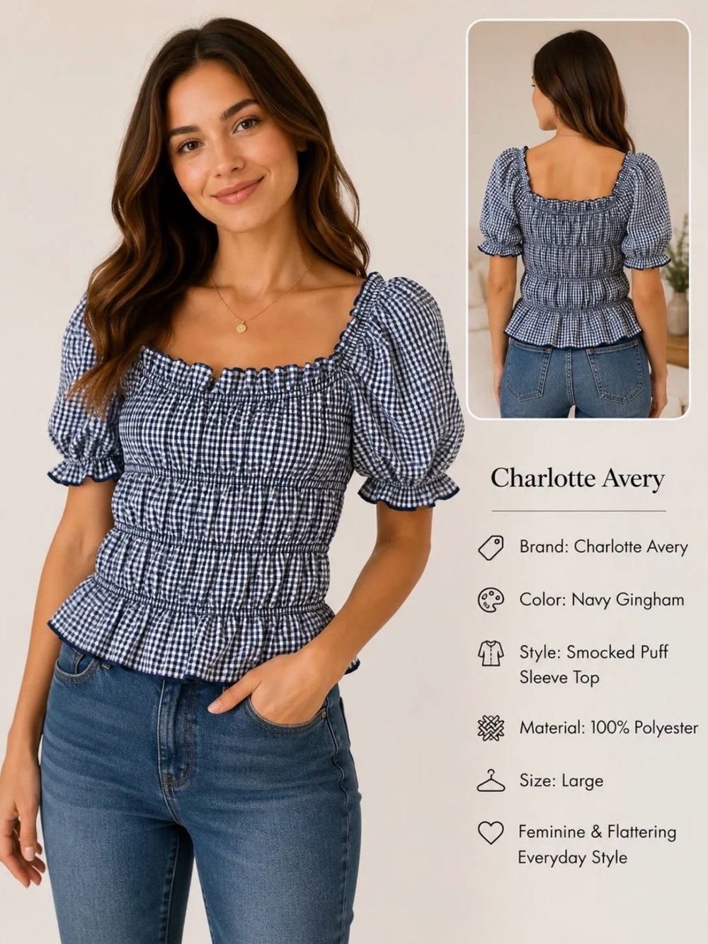 Charlotte Avery Navy Gingham Smocked Puff Sleeve Blouse
